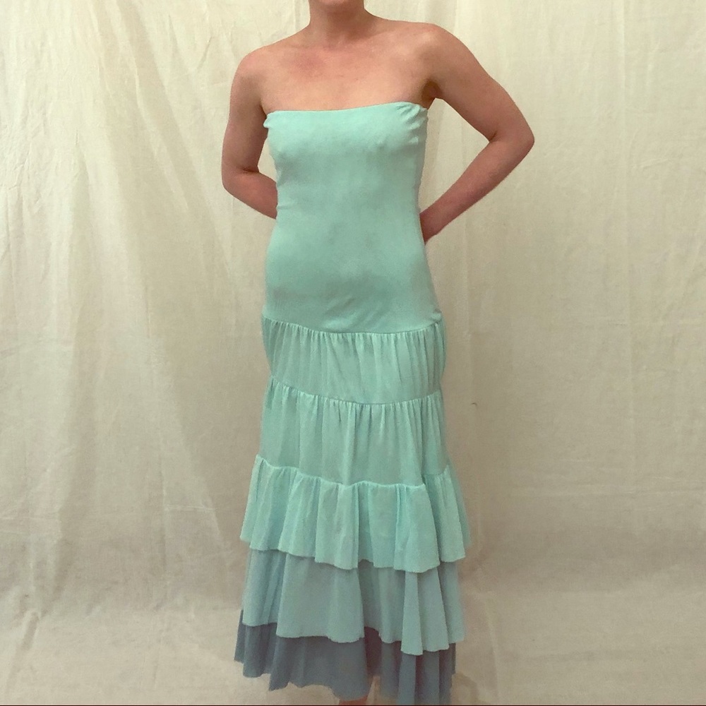 Blue Ombré Strapless Maxi Length Ruffle Dress